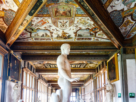 Rich decorated ceiling of the Uffizi Gallery in Florence, Italy, Europeのeditorial素材