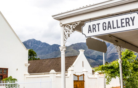Street with Dutch Cape architecture and an art gallery in Franschhoek, Western Cape, South Africa, Africaの写真素材