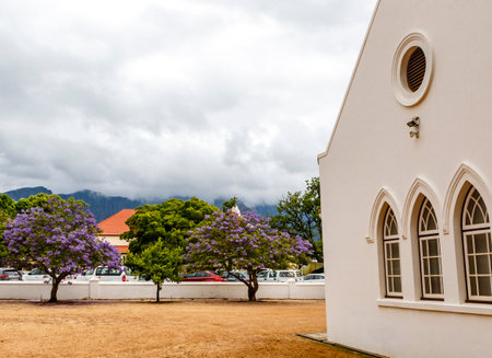 Center with the Dutch Reformed church in Franschhoek, Western Cape, South Africa, Africaの写真素材