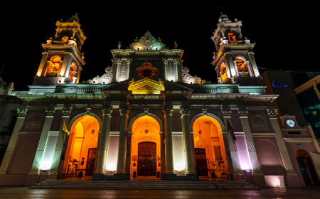 Illuminated facade of the Cathedral of Salta (Catedral BasÃ­lica de Salta) in the eveningの写真素材