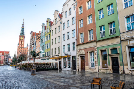 Facades of colorful historical merchant houses at the Long Market square in the center of Gdansk, Poland, Europeの写真素材
