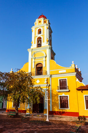 Colorful bell tower of St Francis church, Trinidad, Cuba, Caribbeanの写真素材