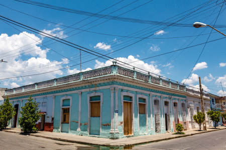Exterior of a colonial building in the historic center of Cienfuegos, Cuba, Caribbeanの写真素材