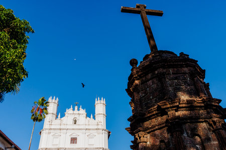 Facade of Catholic Church of St. Francis of Assisi in Goa Velha, Goa, India, Asiaの写真素材