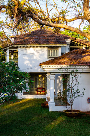 Old white colonial house in Old Goa, Goa Velha, Goa, India, Asiaの写真素材