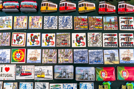 Mosaic of colorful magnets of the city of Lisbon for sale, Portugal, Europeの写真素材