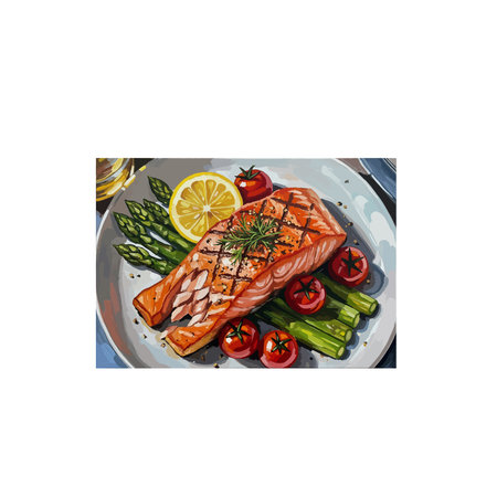 Illustration of grilled salmon with asparagus, cherry tomatoes and lemonのイラスト素材