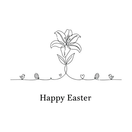 Happy Easter greeting card with lily flower and eggs. Vector illustration.のイラスト素材