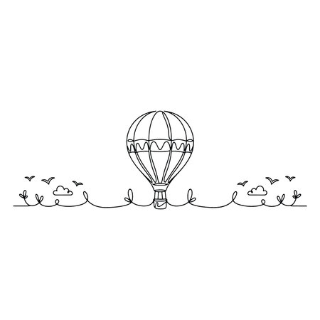 Hot air balloon with clouds and birds. Hand drawn vector illustration.のイラスト素材