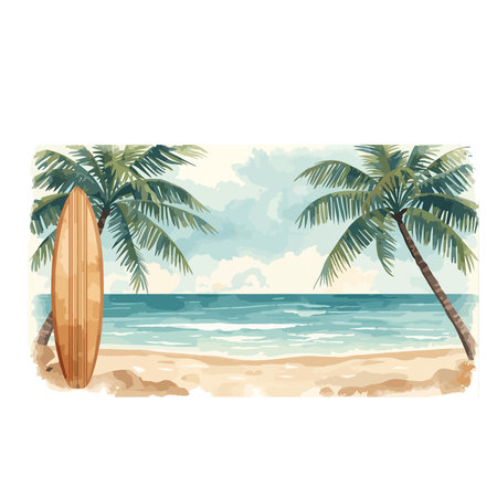 Beach with surfboard and palm trees. Hand drawn vector illustration.のイラスト素材
