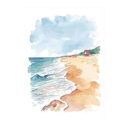 Watercolor seascape. Hand drawn vector illustration. Watercolor summer landscape.のイラスト素材