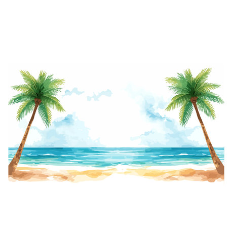 Tropical beach with palm trees. Vector illustration on white background.のイラスト素材