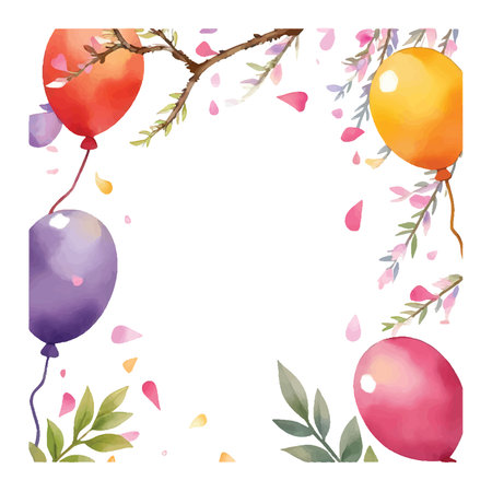 Watercolor floral frame with balloons, leaves and flowers. Vector illustration.のイラスト素材