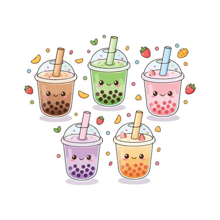 Strawberry milk tea and bubble tea character cartoon vector illustration.のイラスト素材
