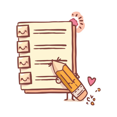 Cartoon vector illustration of a notebook with a pencil and hearts.のイラスト素材