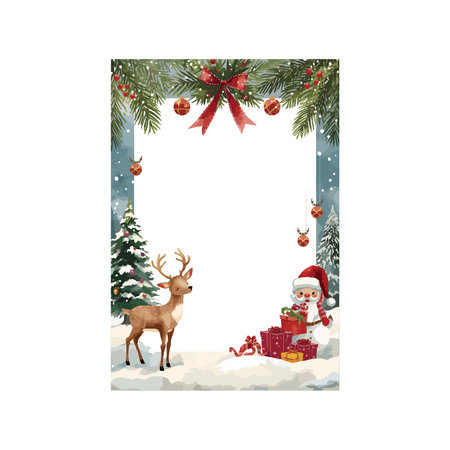 Merry Christmas and Happy New Year card with cute cartoon Santa Claus, reindeer and christmas tree on white background.のイラスト素材