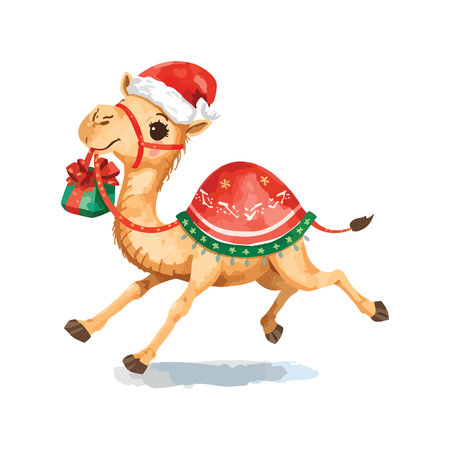 Camel with Santa Claus hat and bag of gifts. Vector illustration.のイラスト素材
