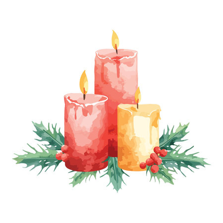 Christmas candles with holly berry. Vector illustration on white background.のイラスト素材