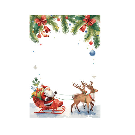 Watercolor Christmas greeting card with Santa Claus and reindeer.のイラスト素材