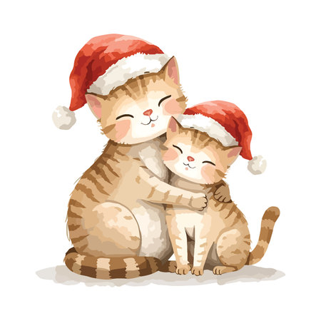 Cute cat and kitten in Santa Claus hat. Vector illustration.のイラスト素材