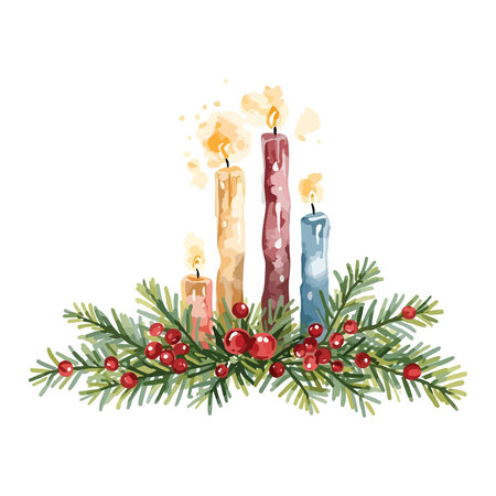Christmas and New Year greeting card with burning candles. Vector illustration.のイラスト素材