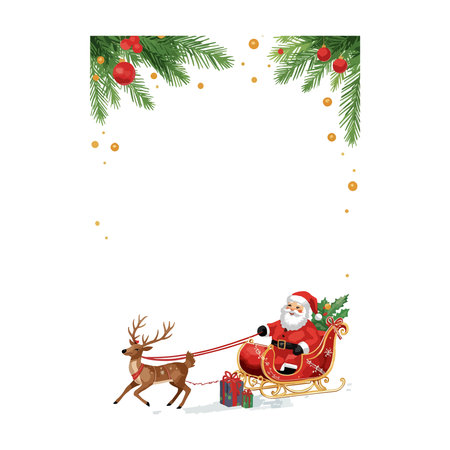 Merry Christmas and Happy New Year greeting card with Santa Claus, reindeer and fir branches.のイラスト素材