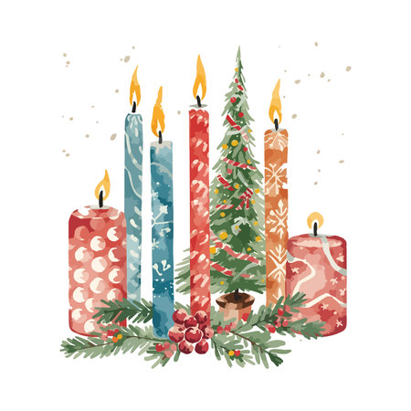 Christmas and New Year candles with fir branches and berries. Vector illustration.のイラスト素材