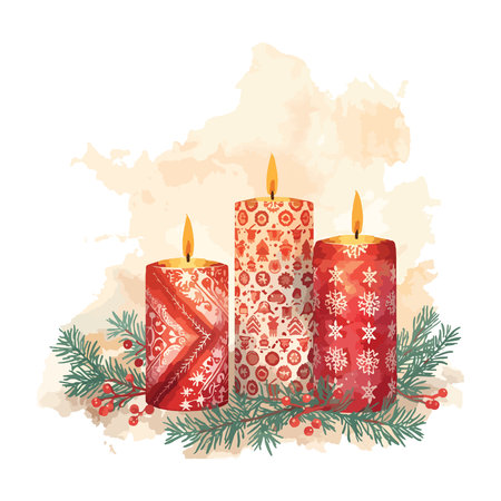 Christmas greeting card with burning candles and fir branches. Vector illustration.のイラスト素材