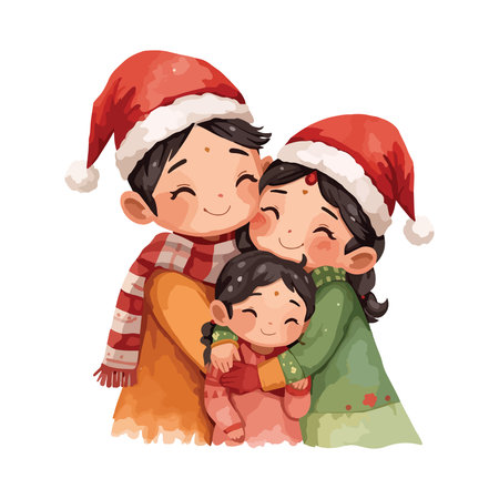 Happy family in Santa Claus hats. Vector illustration isolated on white background.のイラスト素材