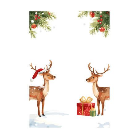 Christmas and New Year greeting card with deers and gift boxes, vector illustrationのイラスト素材