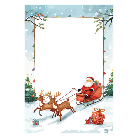 Merry Christmas and Happy New Year greeting card with Santa Claus in sleigh with reindeers and gifts.のイラスト素材