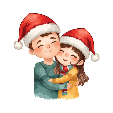 Cute little boy and girl in Santa Claus hats hugging. Vector illustrationのイラスト素材