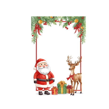 Merry Christmas and Happy New Year greeting card with Santa Claus, deer and gifts.のイラスト素材