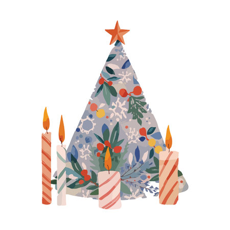 Christmas tree with candles and leaves. Vector illustration in flat style.のイラスト素材