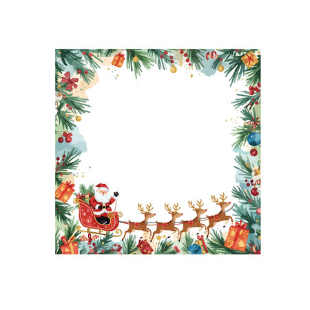 Watercolor Christmas frame with Santa Claus, reindeer, snowflakes, holly and balls. Vector illustration.のイラスト素材