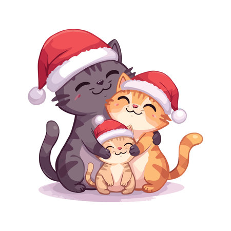 Cute kitty family in Santa Claus hat. Vector illustration.のイラスト素材