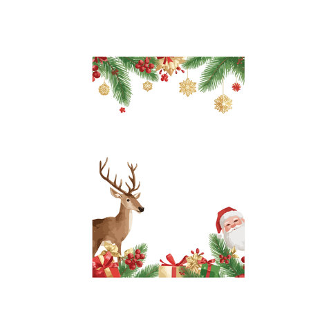 Christmas greeting card with Santa Claus, reindeer, Christmas tree and gifts.のイラスト素材