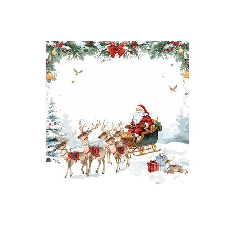 Christmas greeting card with Santa Claus in sleigh with reindeer and gifts.のイラスト素材