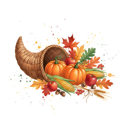 Autumn harvest. Hand drawn vector illustration with pumpkins, corn, leaves, acorns, berries.の素材