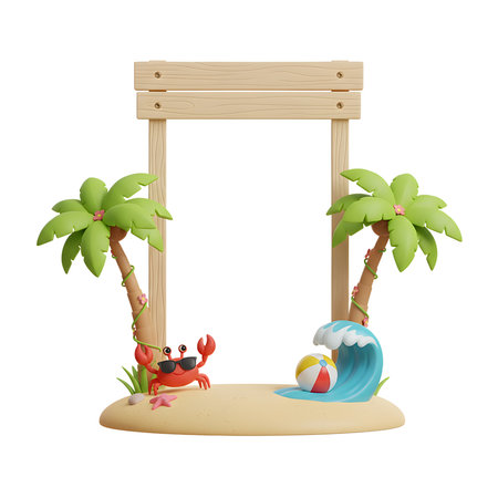 Illustration of a crab on the beach with a wooden signboardの素材