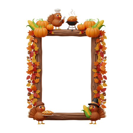 Thanksgiving frame with turkey and pumpkins isolated on white background.の素材