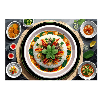 Rice with seafood and vegetables on wooden table. Vector illustration.のイラスト素材