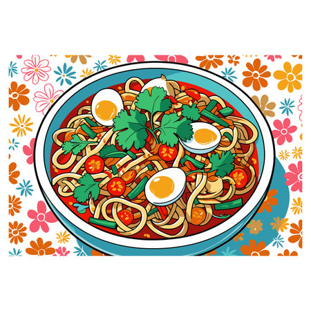 Bowl of noodle soup with egg and parsley. Vector illustration.のイラスト素材