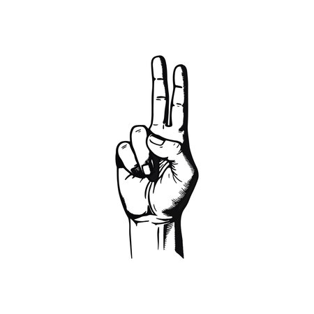 Vector hand with two fingers up. Black and white illustration isolated on white backgroundのイラスト素材