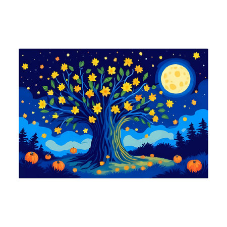 Halloween background with tree, pumpkins and moon. Vector illustrationのイラスト素材