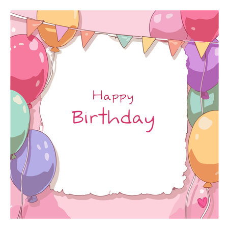 Birthday greeting card with balloons and garland. Vector illustration.のイラスト素材