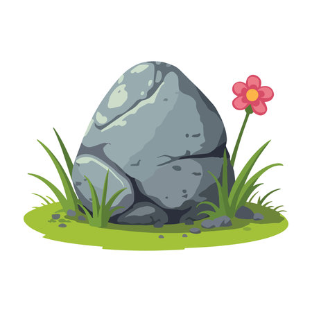 Stone with flower in the grass vector Illustration isolated on a white background.のイラスト素材