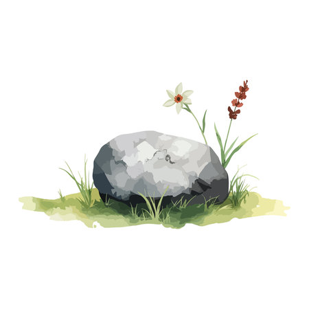 Stone with daffodils on the grass. Vector illustration.のイラスト素材