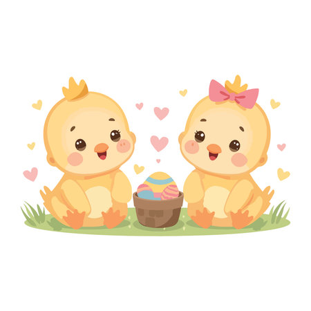 Cute little baby chick with easter eggs. Vector illustration.のイラスト素材