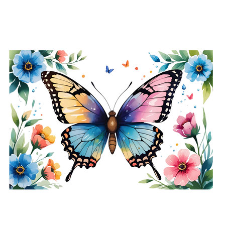Butterfly with flowers and butterflies. Vector illustration of a butterfly.のイラスト素材